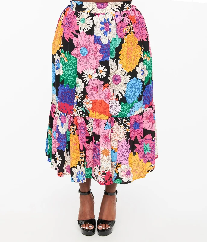 Unique Vintage Plus Size 1970s Black & Rainbow Floral Midi Skirt