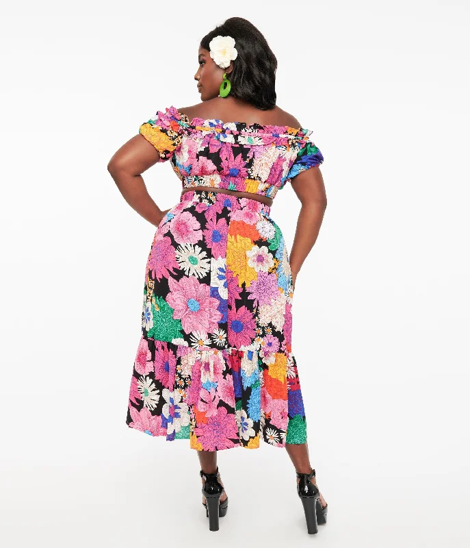 Unique Vintage Plus Size 1970s Black & Rainbow Floral Midi Skirt