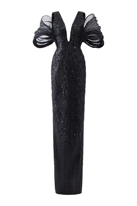 Member's DiscountIsabella Sheath Cold Shoulder Sleeved Mesh Lace Floor Length Dress