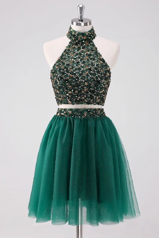 Combo DealSparkly A Line Dark Green Halter Short Graduation Dress with Sequins