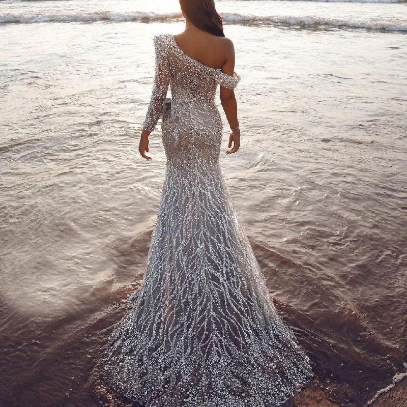 Sale Prices May Vary10717-SW95 one shoulder sleeve slit slim ball gown prom party maxi sequin evening dresses long for women sehe fashion