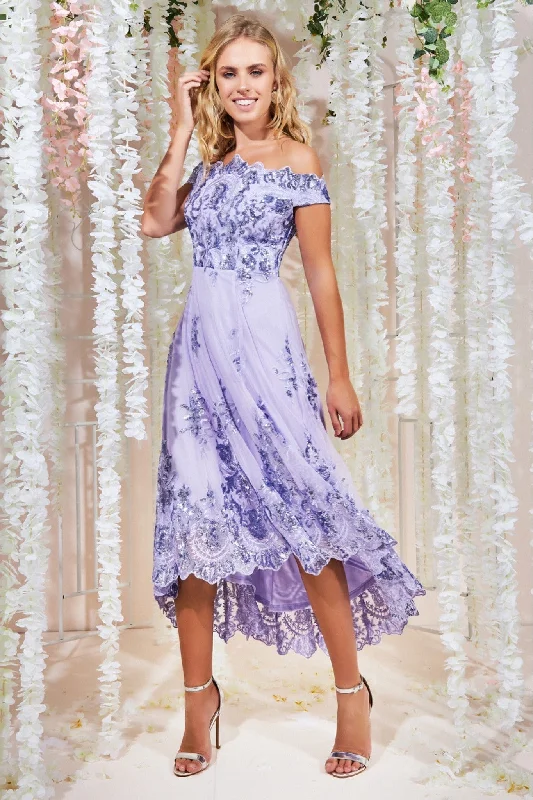 New Year SaleGoddiva Bardot Sequin & Lace High Low Midi - Lilac