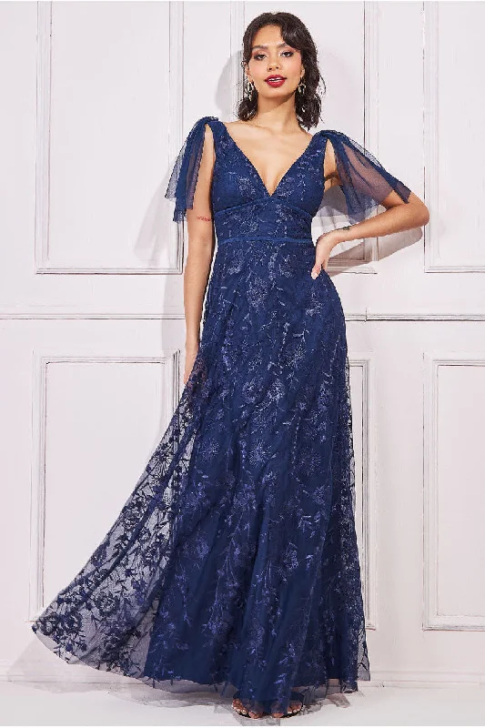 Final SaleGoddiva Embroidered Lace Maxi Flutter Sleeves - Navy