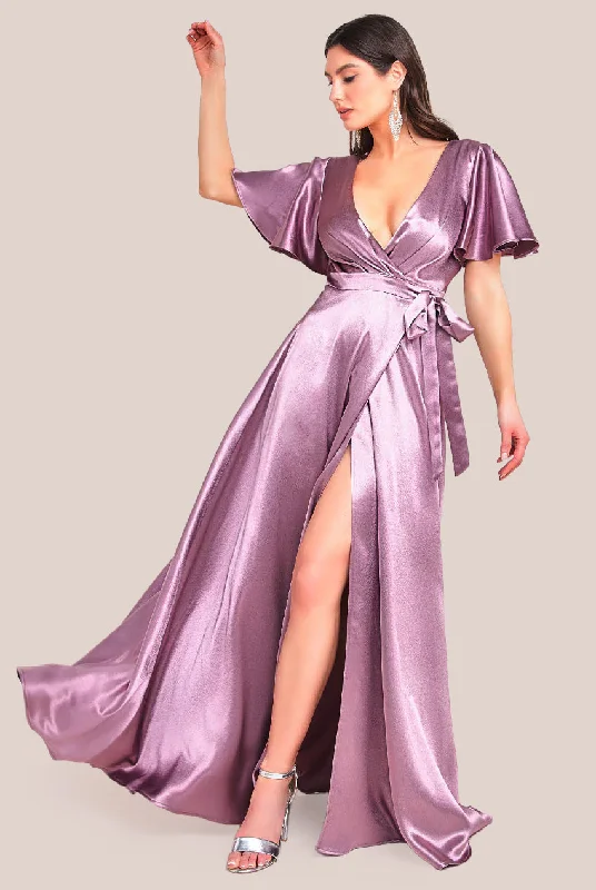 Exclusive OfferGoddiva Flutter Sleeve Wrapover Satin Maxi Dress - Rose Pink