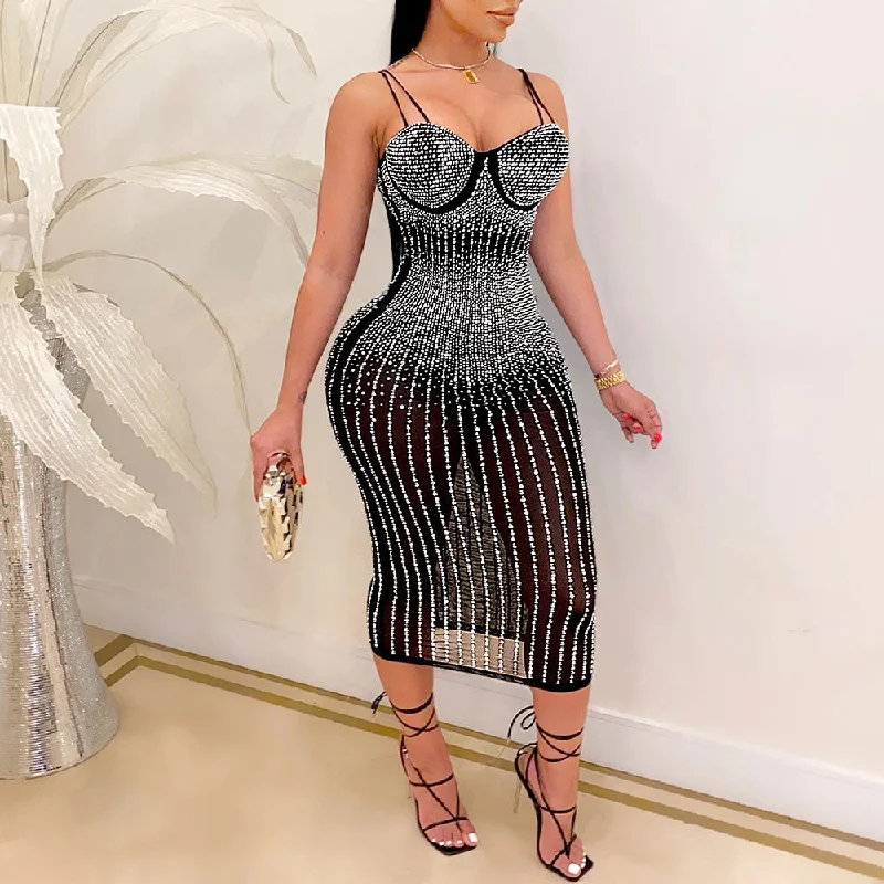 Up to 70% OffMALYBGG Sexy Mesh and Rhinestone Embellished Sheer Strap Dress 6618LY