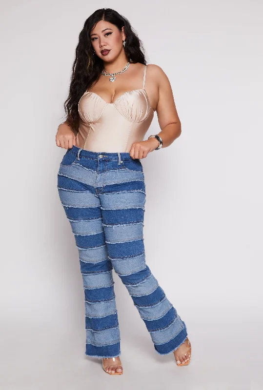30% DiscountPlus Size Frayed Patchwork Boot Cut Jeans