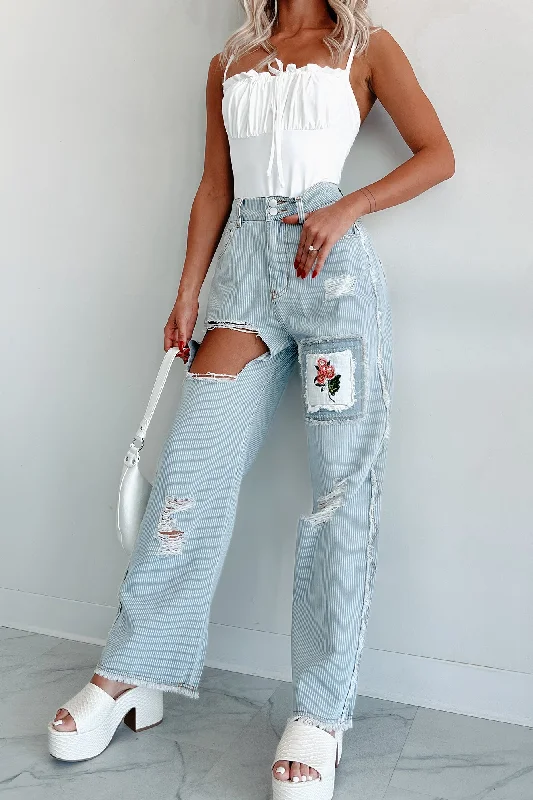 Affordably PricedCatalina Distressed Embroidered POL Jeans (Stripe Denim)