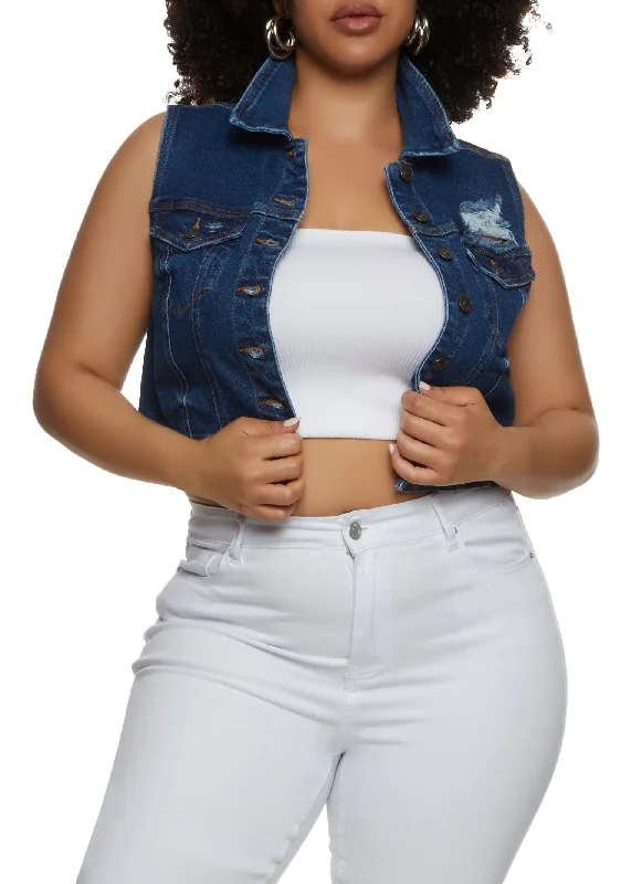 Hourly DealsPlus Size WAX Distressed Cropped Denim Vest