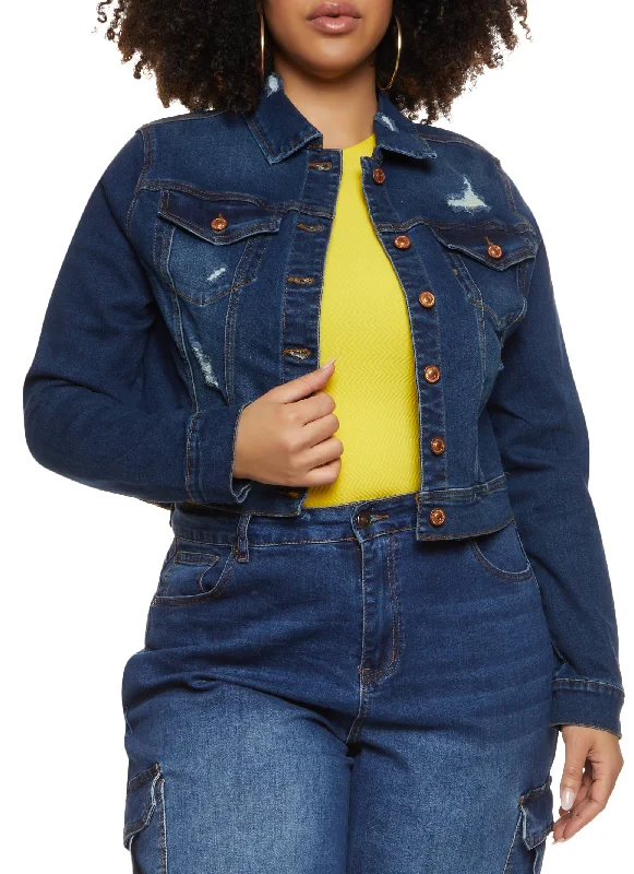 Christmas SalePlus Size WAX Distressed Cropped Jean Jacket
