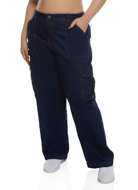 Free Gift with PurchasePlus Size WAX Straight Wide Leg Cargo Jeans