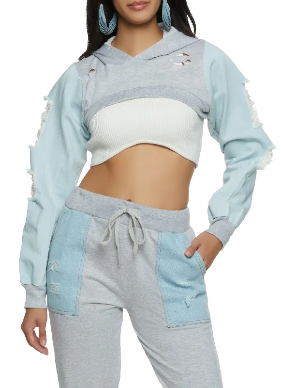 Liquidation SaleDistressed Denim Sleeve Hooded Bolero