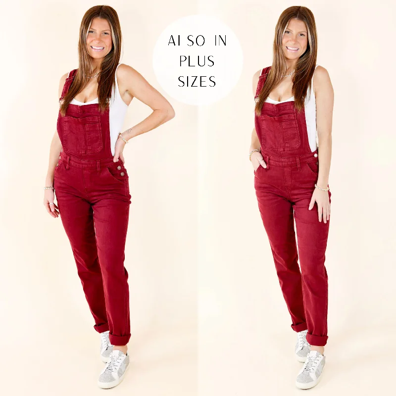 Free ShippingJudy Blue | Start The Bonfire Denim Garment Dyed Overalls in Maroon