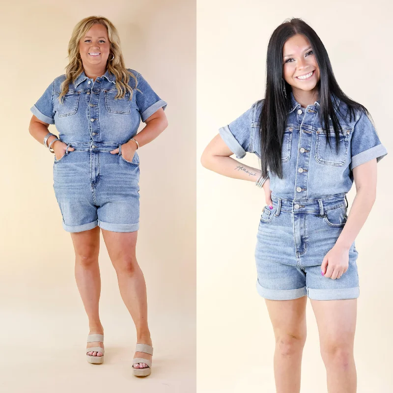 Price SlashJudy Blue | Sunshine Serenade Short Sleeve Denim Romper in Medium Wash