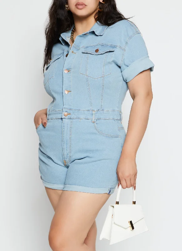 Clearance SalePlus Size Daisy Short Sleeve Denim Romper
