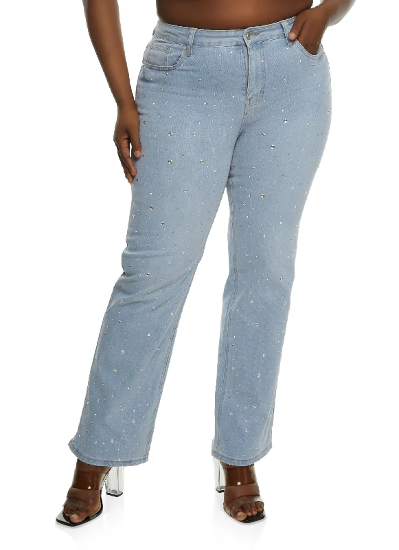 Spring SalePlus Size Rhinestone High Waist Straight Leg Jeans