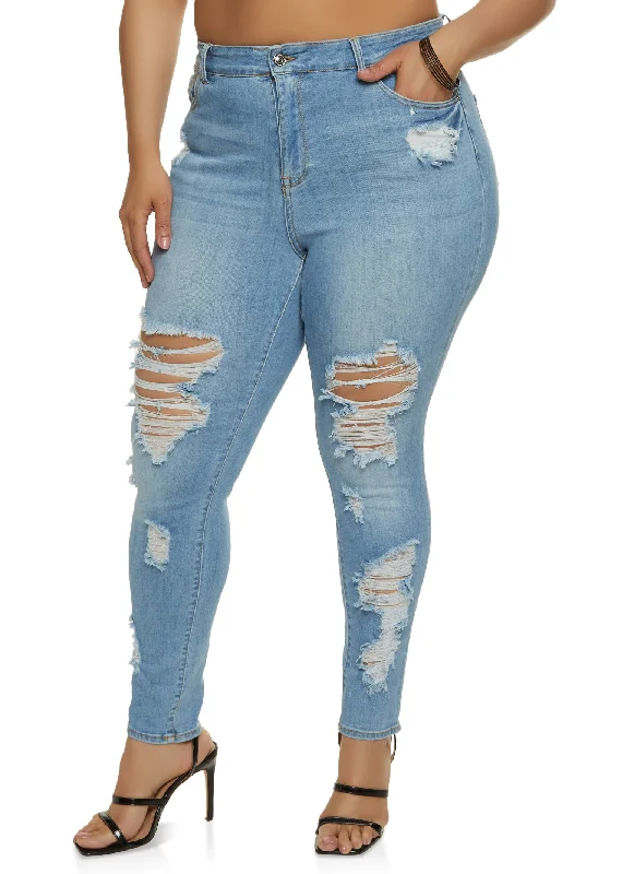 Economical ChoicePlus Size WAX Distressed High Waisted Jeans
