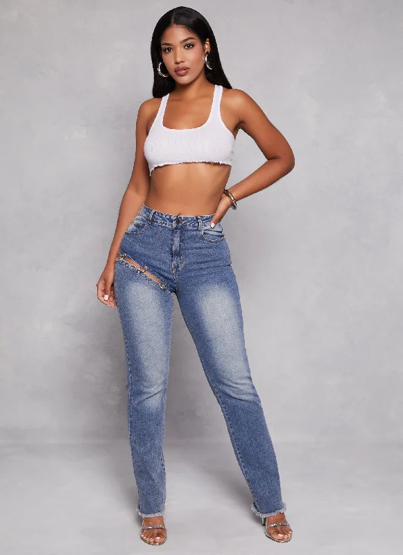 Thanksgiving SaleCut Out Ring Detail Straight Leg Jeans
