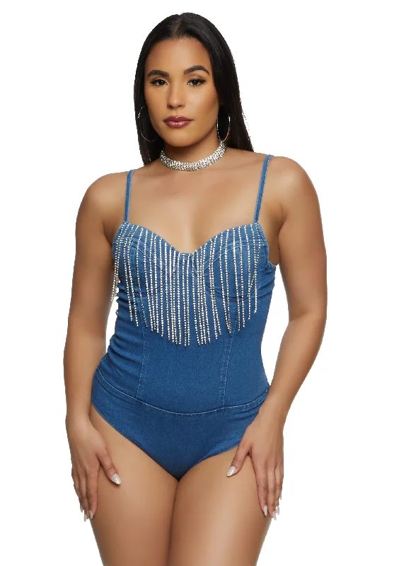 Coupon AvailableHaute Monde Rhinestone Fringe Denim Bodysuit