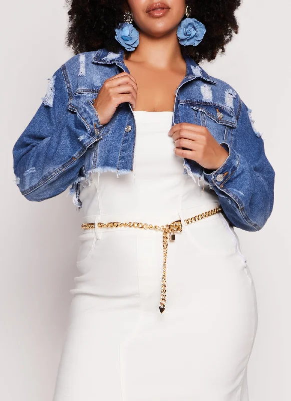 Hot DealsPlus Size Almost Famous Distressed Hem Jean Jacket