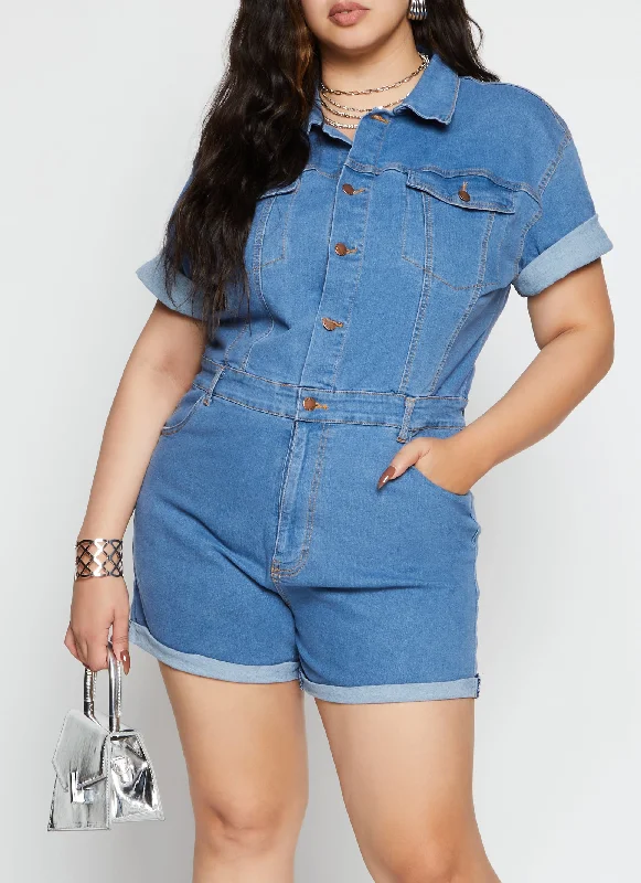 Weekly DealsPlus Size Daisy Short Sleeve Denim Romper