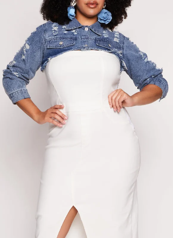 Refer a Friend, Get a DiscountPlus Size Distressed Bolero Jean Jacket
