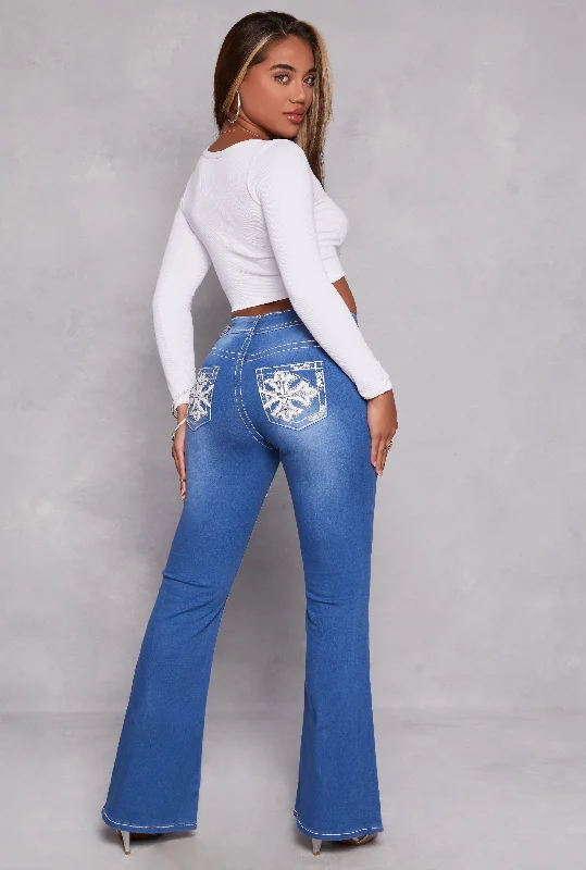 Save NowVIP Rhinestone Embroidered Pocket Flare Jeans
