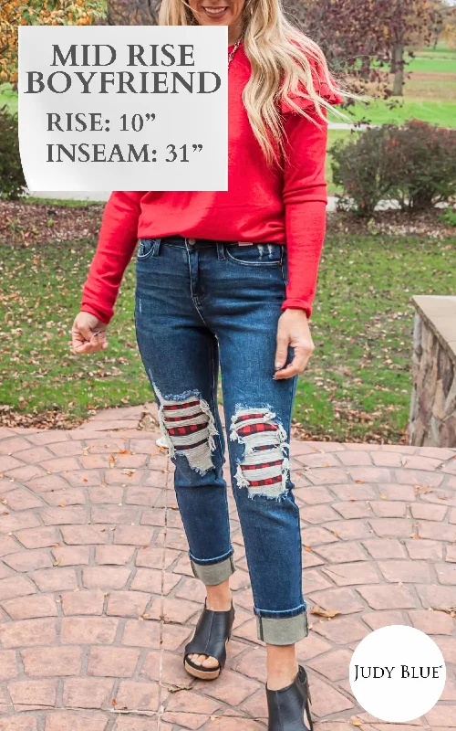 Stock ClearanceMid Rise Buffalo Plaid Destroy Patches Boyfriend Cuff Denim Jeans | Judy Blue** - Final Sale