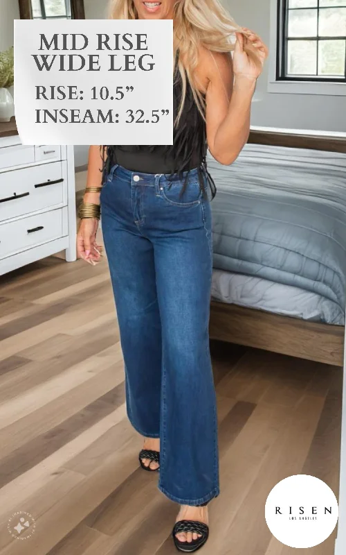 Back - to - School SaleMid Rise Dark Wash Wide Leg Denim Jeans - Risen - Final Sale