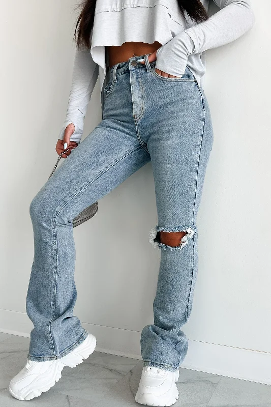 Monthly DealsRonan High Rise Distressed Dogma Flare Jeans (Light Wash)