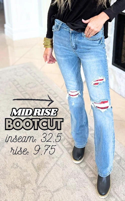 Back - to - School SaleSeeing Plaid Mid Rise Plaid Patch Detail Bootcut Denim Jean (REG/CURVY)  | Judy Blue - Final Sale