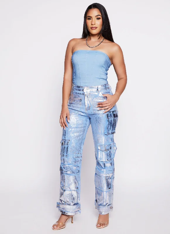 Thanksgiving SaleDaisy Foil Screen Wide Leg Cargo Jeans