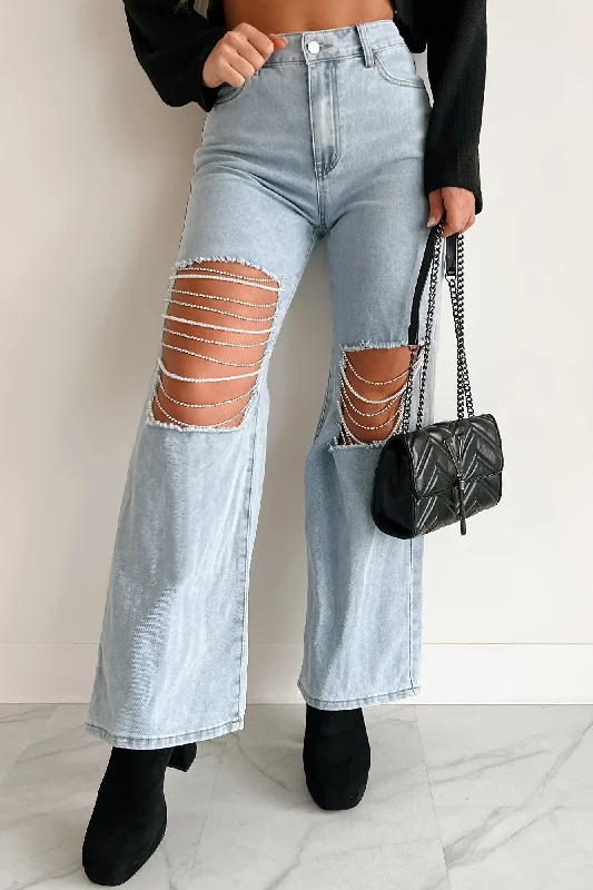 Limited StockSomething To Talk About Rhinestone/Pearl Chain Wide Leg Jeans (Light Wash)