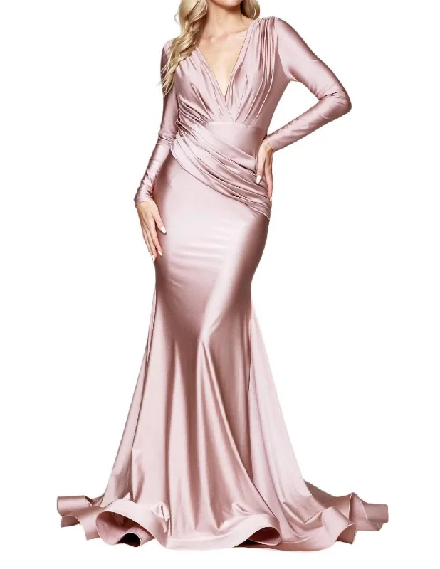 Fitted Long Sleeve Lycra Gown In Dusty Rose