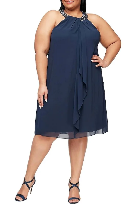 Halter Braid Bead Neck Chiffon Dress In Black