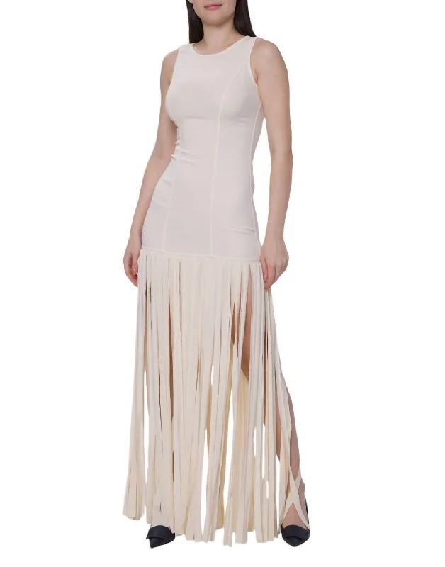 Stretch Cady Crepe Sleeveless Fringed Dress In Ivory