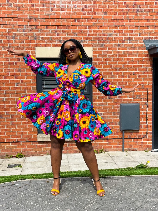 New Customer DiscountAvita Ankara Mini Dress | Yellow and Pink Multicoloured Floral Print