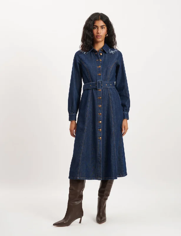 Affordably PricedDark Denim Floral Embroidered Paso Midi Dress
