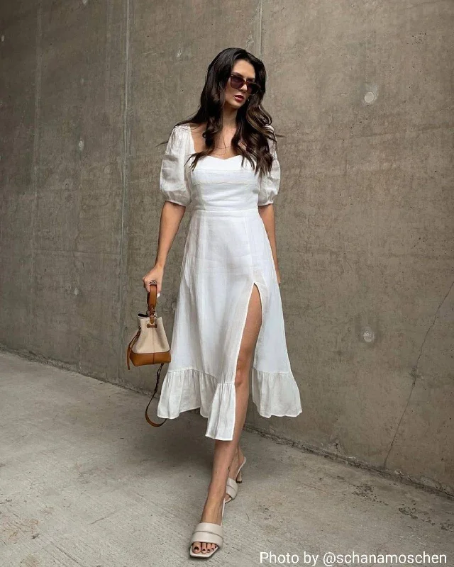 Fire SalePuff Sleeve Split Hem Midi Dress