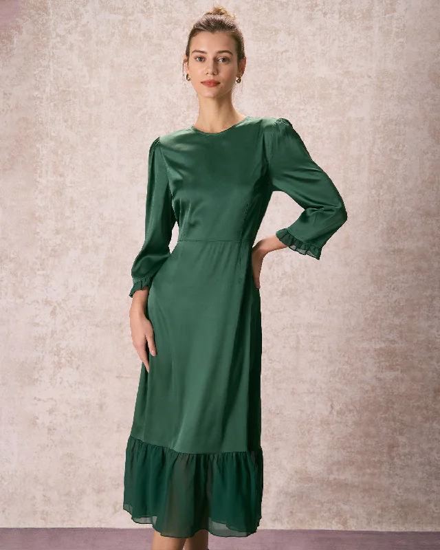 Green Tag SaleThe Green Spliced Ruffle Poet Sleeve Midi Dress