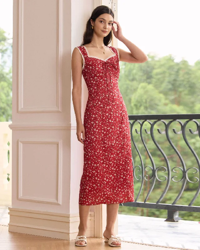 Father's Day SaleThe Red Sweetheart Neck Floral Lace Trim Midi Dress